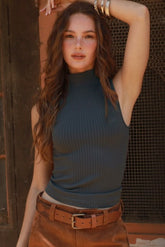 Wide Ribbed Mock Neck Sleeveless Top